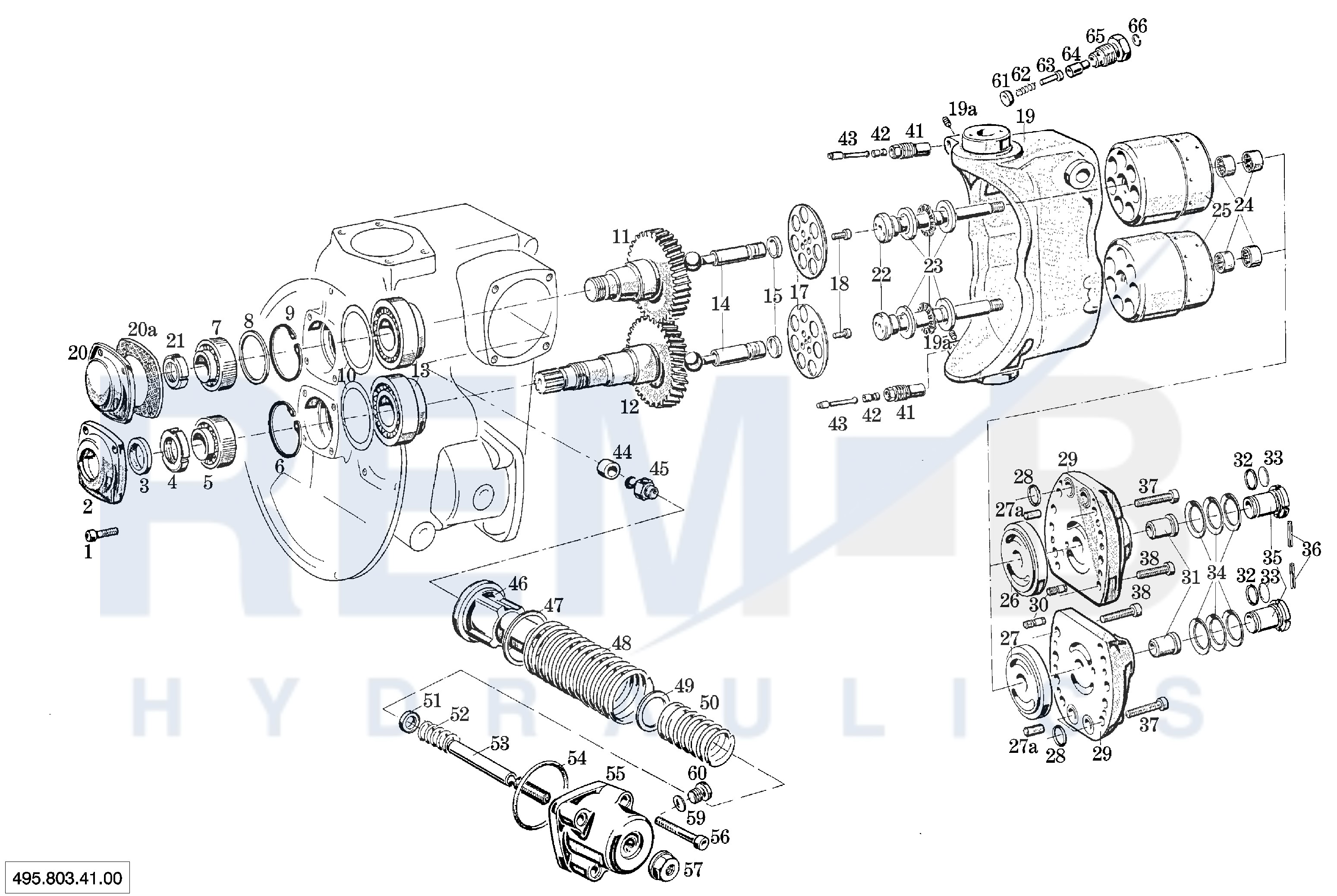 DRIVE SHAFT, PORT PLATE, DOUBLE PUMP HOUSING AND R